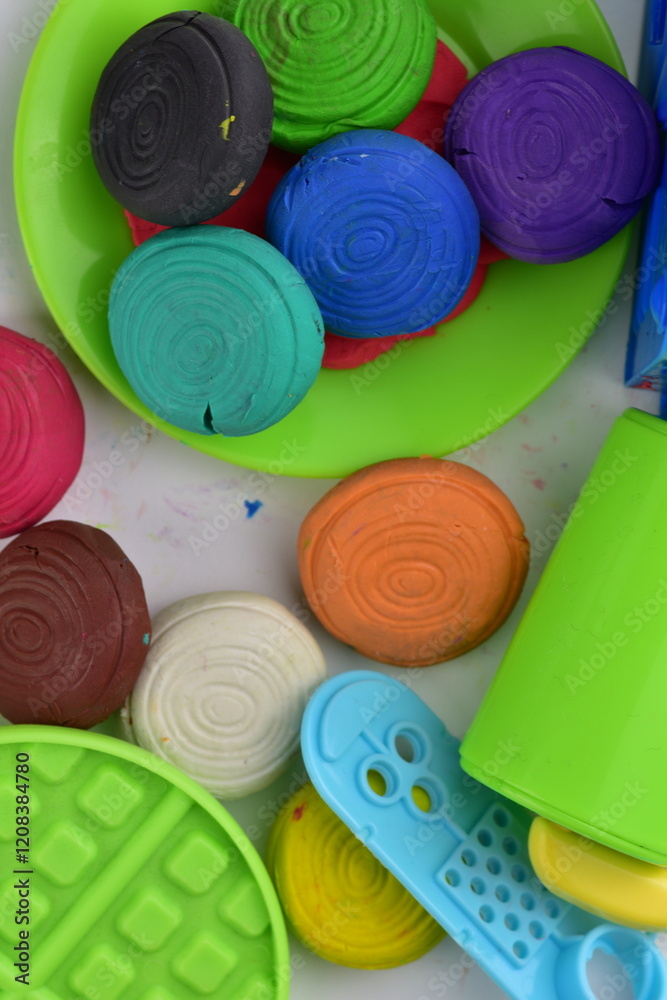 Wall mural Various colors plasticine on kids plates and clay tools for making clay art. Colorful clay game play dough plasticine vibrant colors.