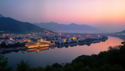 Evening view Udaipur city at lake Pichola Rajasthan India. City buildings reflected on calm lake water. Mountains in background. Golden light on structures. Scenic view. Tranquil moment. Indian