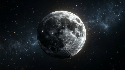 Fototapeta premium A black moon night with full lunar glow casting light across the universe, creating a serene, mystical atmosphere with bright tones and a blurred, empty space for captions