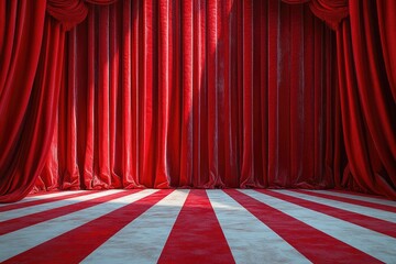 A cozy bedroom with red curtains and striped walls