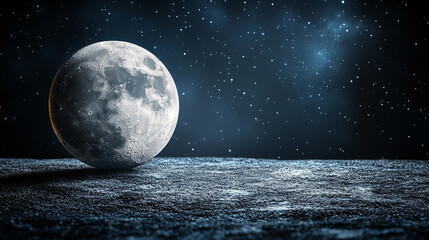 A black moon night with full lunar glow casting light across the universe, creating a serene, mystical atmosphere with bright tones and a blurred, empty space for captions

