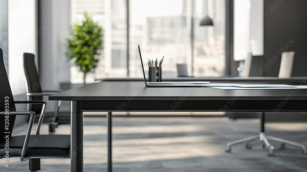 Poster modern office space with empty table and blurred background view