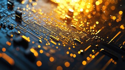 Golden light is glowing on a futuristic circuit board, representing data transferring in the digital world, symbolizing technological advancement and innovation