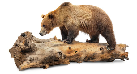 Fototapeta premium A big bear stands on a big old log on a transparent background illustration.