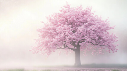 Obraz premium 霧に浮かぶ幻想的な一本桜の早朝風景