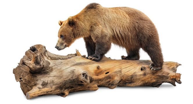 A big bear stands on a big old log on a transparent background illustration.