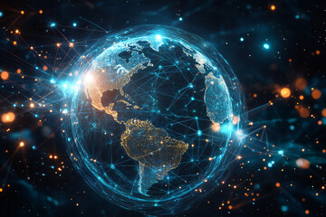 Obraz premium Futuristic Global Network with Digital Connections and Glowing Data Points in a Tech-Inspired Abstract Earth Design