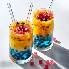 A colorful and refreshing bubble tea served in a glass  with tapioca pearls