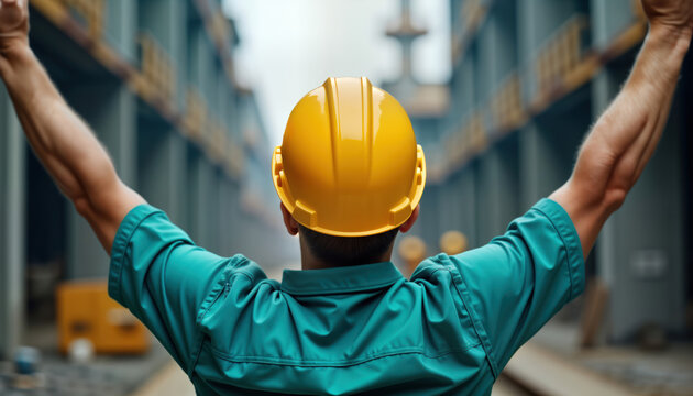 Construction worker celebrates success on job site. Worker in teal uniform, yellow hard hat raises arms high in triumph. Joyful worker celebrates accomplishment. Strong, determined worker shows