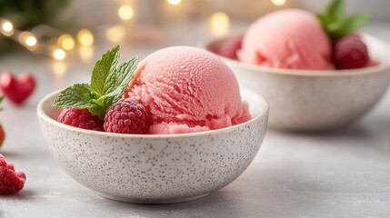 Delicious raspberry and strawberry sorbet served in elegant bowls for a romantic Valentine's celebration