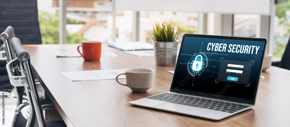 Poster cyber security system on computer screen protect private information snugly from hacker and cyber at
