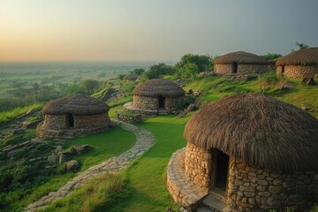Stone huts in greenery embody the tranquility of ancient life