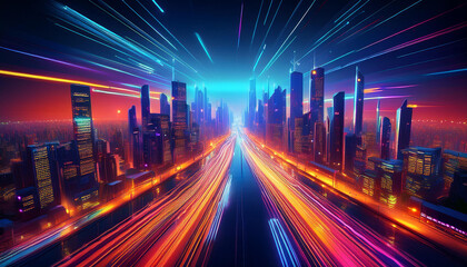 Obraz premium night view of a glowing metropolis with vibrant lights illustrating a bustling urban landscape