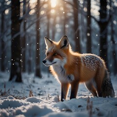 Obraz premium A red fox illuminated by golden rays of sunlight stands in a snowy forest, with snow gently falling, creating a magical winter atmosphere.