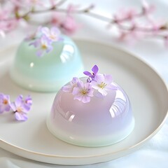 Vibrant jelly and mousse desserts adorned with edible flowers, showcasing a delicate and festive touch, perfect for haute cuisine celebrations.