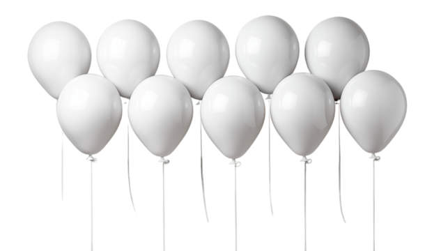 A glossy white balloon floating gracefully in the air, perfect for celebrations, studio view, isolated on transparent background.