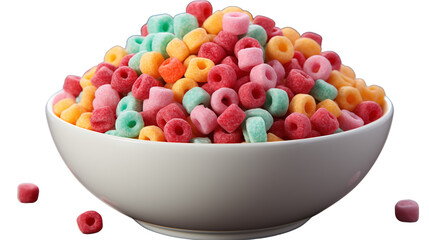 Vibrant cereal rings in a white bowl on a wooden table, symbolizing a fun and tasty breakfast, studio view, isolated on transparent background.