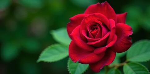 Fototapeta premium Deep crimson rose, vibrant green leaves, close-up, red rose, macro