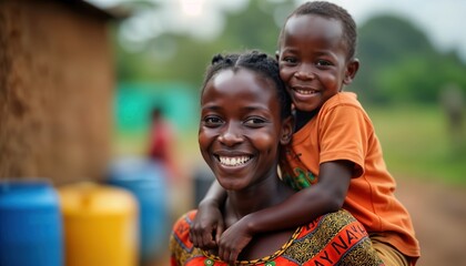 Happy african mother carries smiling child on shoulders. Warmth, love evident in expressions. Scene likely village in Africa. Joyful family moment highlights positive impact of clean water initiative