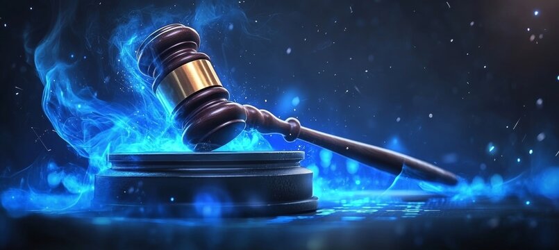 Judge s Gavel on Black Platform, With Blue, Fiery, Abstract Background, Justice Concept