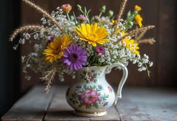 Vibrant Wildflower Bouquet in an Antique Pitcher on a Rustic Wooden Table