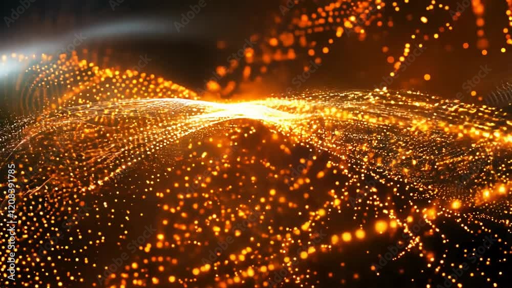 Poster a vibrant digital landscape glows with orange and gold dots, symbolizing the protection of vital inf