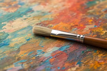 Obraz premium Close-up of a paintbrush resting on a colorful abstract canvas, perfect for artistic wallpapers, backgrounds, or creative design concepts.