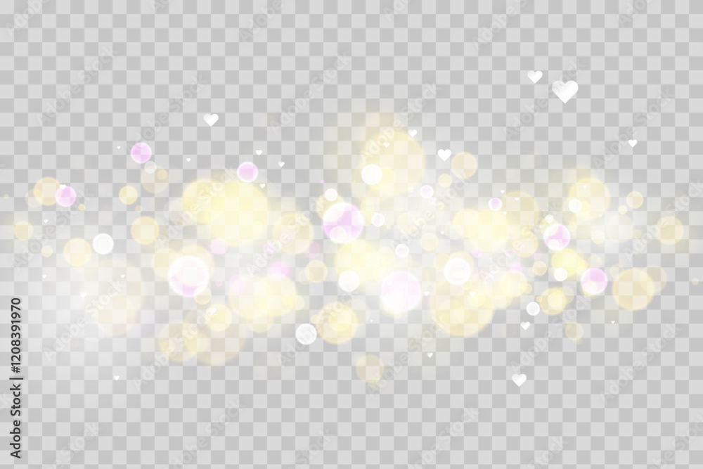 Poster Sparkling golden particles, glowing bokeh lights isolated on dark transparent background