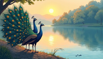 A wild peacock bird standing on a stone path by a lake, with a sunset in the background. Peacocks, baby peacock wallpaper