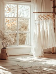 beautiful wedding dresses hanging on hangers in a beautiful bright modern studio with large windows. wedding concept