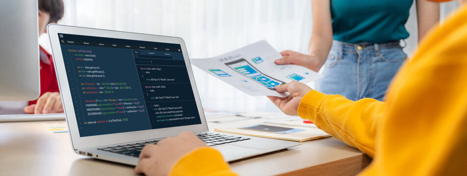 Software development programming on computer screen for brisk application and program coding