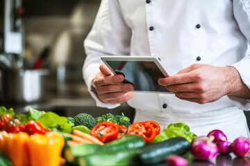 A chef working on a tablet computer in a kitchen setting