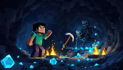 A digital illustration featuring pixel art style elements. Pixel art background, pixel art wallpaper