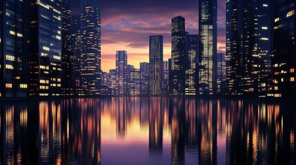 Fototapeta premium Modern Skyscrapers Reflecting in Calm River at Twilight Hour