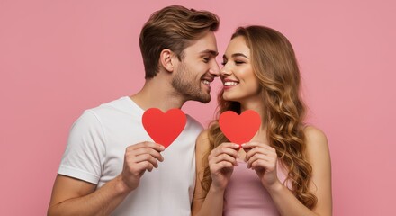 Couple in love holding hearts-cards on pink background. Romance and atmosphere of Valentine's Day