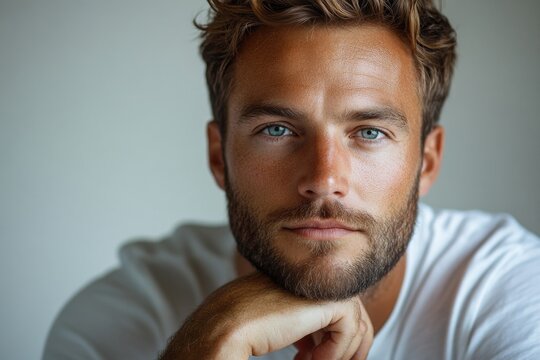 A close-up shot of a man with a full beard, looking directly at the camera