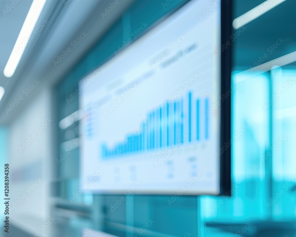 Poster blurred background image of graph display in a modern office setting.