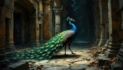 A wild peacock bird standing in a stone archway. Peacocks, baby peacock wallpaper