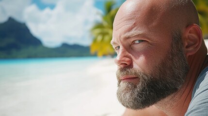 A bald man relaxes on the beach, enjoying his surroundings and his long beard