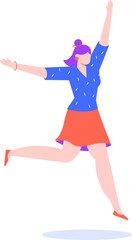 Fototapeta premium Happy businesswoman with purple hair is jumping and celebrating success with arms up, expressing joy and excitement, depicting achievement and positive emotions