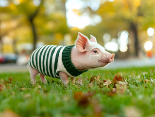 Fototapeta premium Piglet wearing sweater walking on autumn leaves in park