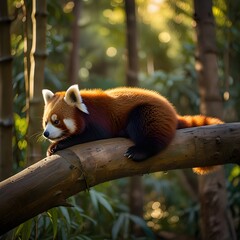 Fototapeta premium A red panda naps peacefully on a bamboo branch in the dappled sunlight of a lush forest, creating a serene and heartwarming scene.