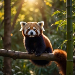 Fototapeta premium A red panda sits calmly on a bamboo branch, surrounded by lush foliage, with the soft glow of sunlight creating a peaceful forest ambiance.