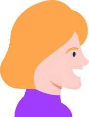 Profile of a smiling businesswoman with short blonde hair wearing a purple shirt, suggesting optimism, confidence, and professionalism in the workplace