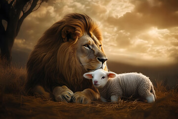 paradise concept of a lion and a lamb. Symbol of Christ. Lion of Judah