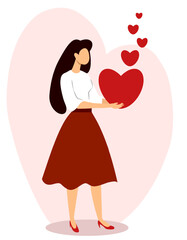 Valentines Day celebration with a woman holding a heart surrounded by floating love hearts in an illustrated design