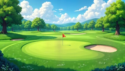 Rich green golf course landscape. Well-maintained putting green. Red flag on pin. Trees surround fairway. Sunny summer day. Ideal for golf course design, leisure activities, or relaxing day outdoors.