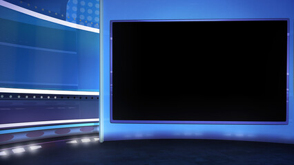 TV news, virtual studio background with a monitor. Ideal also for online shows or events. 3D rendering backdrop suitable on VR tracking system stage sets, with green screen