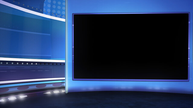 TV news, virtual studio background with a monitor. Ideal also for online shows or events. 3D rendering backdrop suitable on VR tracking system stage sets, with green screen