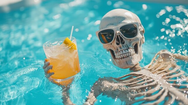 A playful skeleton floats in a bright blue pool, wearing stylish sunglasses and holding a refreshing drink, embodying a fun and relaxed summer vibe perfect for stock imagery.
